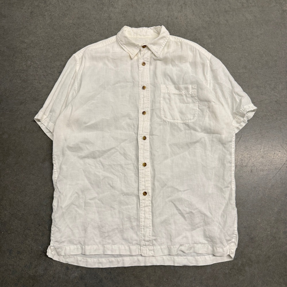 Eddie Bauer Mens White 100% Linen Short Sleeve Button Down Shirt Size M